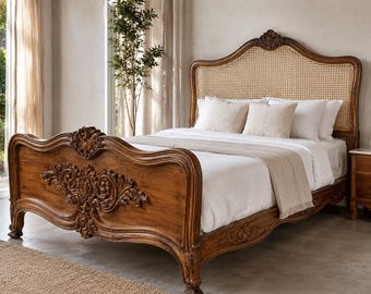 French Provincial Solid Wood Bed, Hand Carved Cane Headboard, Full Size Bedroom Furniture