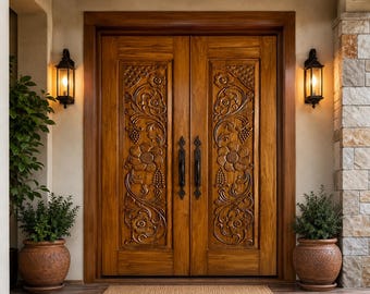 Hand Carved Custom Teak Wood Double Entry Door | Floral Exterior Entrance Door