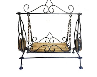Wooden small swing, Handmade wood iron Jhula, Temple room décor, Miniature swing for home and café