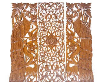 Hand Carved Wood Peacock & Flower Wall Decor - 7 ft Brown Hanging Fixture