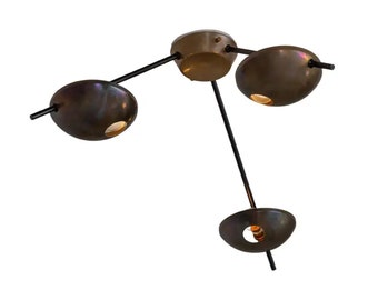 Mid century 3 Light Flush Mount, Antique Brass Italian design ceiling light fixture