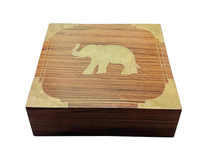 Wood Brass Elephant Box, handmade Wooden jewelry box, Interior décor box, mid century Home Improvement, Gift for her