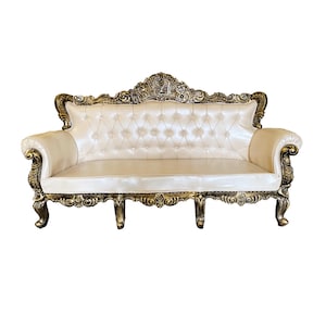 Hand Carved Louis XVI Sofa: Rustic Gold Teak, Cream Upholstery