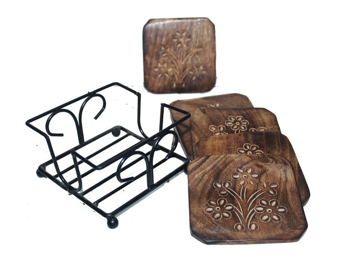 Iron wood Coaster set of 6, handmade carved coaster with metal Stand