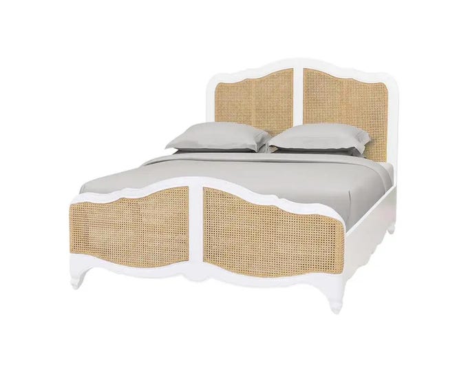mid century White & Cane  King Size Bed, Handmade wooden  Low post High quality Bohemian Bed Frame