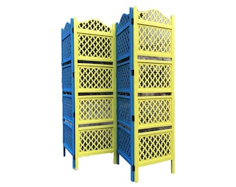 Mid Century Mesh Design Wooden Divider Folding partition, yellow/Blue Self standing divider