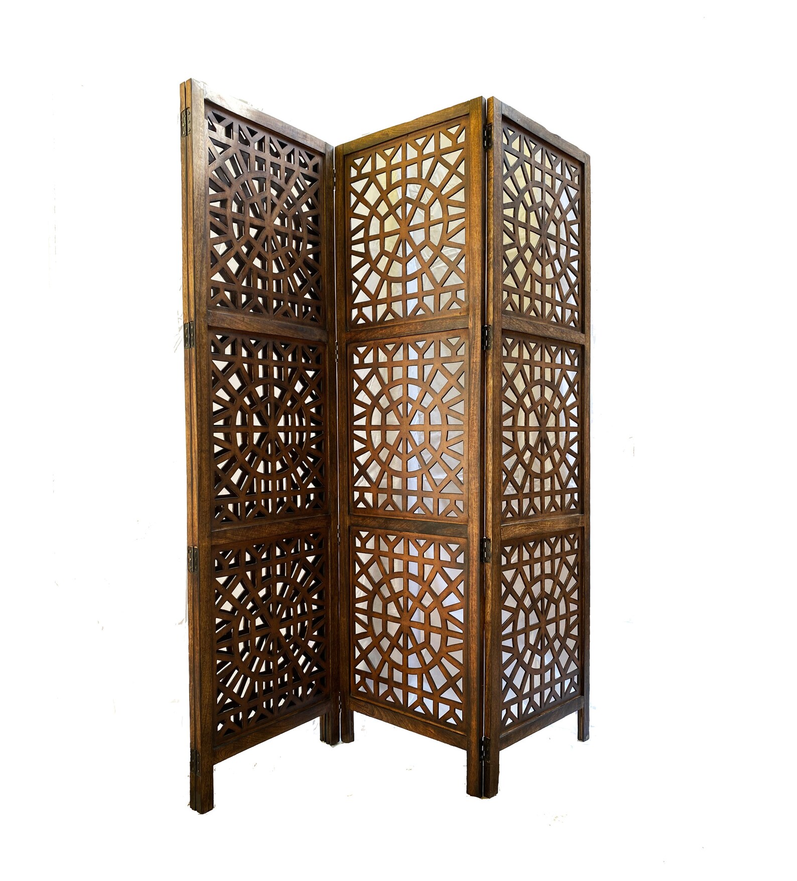 Round Divider Mid Century Round Mesh Design Wooden Folding Divider, Partition ...