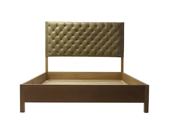 Mid century Tan Fabric Tufted bed with Oakwood Rails with button details upholstered Bed, Handmade Low post High quality Bohemian Bed Frame