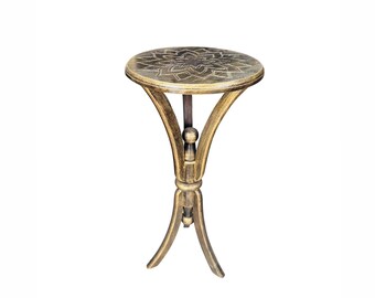 Hand Carved Mango Wood End Table: Rustic Gold Lotus Design