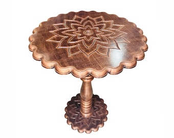 Hand Carved Mango Wood Coffee Table: lotus design, copper shade, folding design