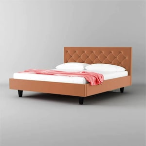 Mid Century Orange Polsterkopfteil Holzbett, handgefertigter niedriger Pfosten Hochwertiger Boho Bettrahmen