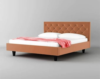 Mid century Orange Upholstered Headboard Wooden Bed, Handmade Low post High quality Bohemian Bed Frame