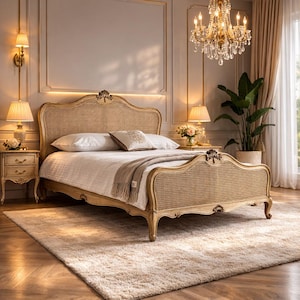 Marco de cama de caña y teca hecho a mano: diseño de postes bajos tallados, tamaño Queen/King personalizado