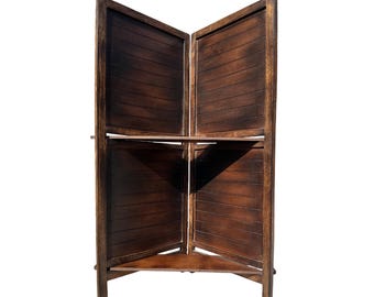 Mid century folding partition with shelf, 4 feet Height handmade home furniture for home décor, brown wooden screen