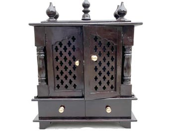 Wooden temple mandir, handmade Wood Shrine, Walnut Wood Close cabinet With 2 Shelf Brass Knob