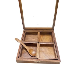 Handmade Table top box, Wooden Spice 4 container set with spoon