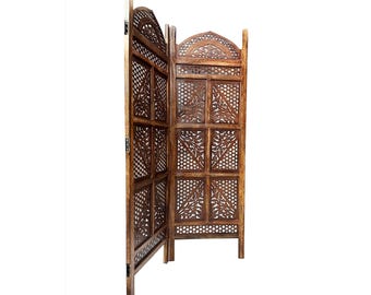 Mid century Mesh and block Style 5 feet height Wooden Folding Divider, Partition, Handmade Self standing separator