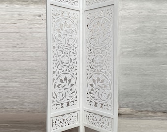 Lotus Style Wooden Folding Divider, Partition, Handmade white Self standing screen, hand acrved Design Self Standing screen