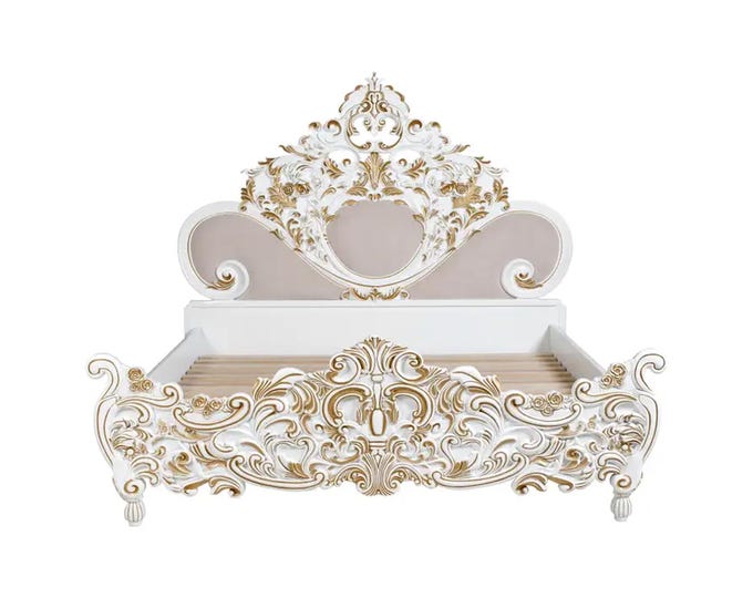 Contemporary French Style Solid Wood Carved Gold and White King Bed frame Handmade Low post High quality Bohemian Rococo Style Bed Frame
