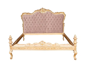 Louis XV style bed, Handmade giltwood bed, Low post High quality Voilet fabricTufted Bohemian Rococo Style Bed Frame