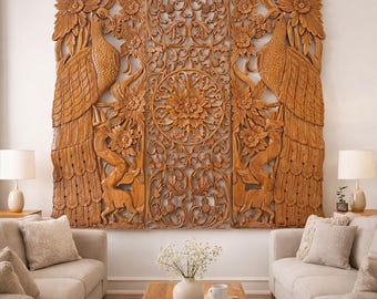 Hand Carved Wood Peacock & Flower Wall Decor - 7 ft Brown Hanging Fixture