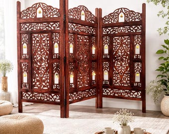 Separador plegable de madera estilo malla y campana, tabique, separador autoportante hecho a mano.