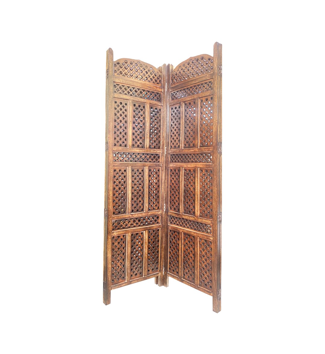 Mid Century Mesh Design Round Top Wooden Folding Divider, Partition ...
