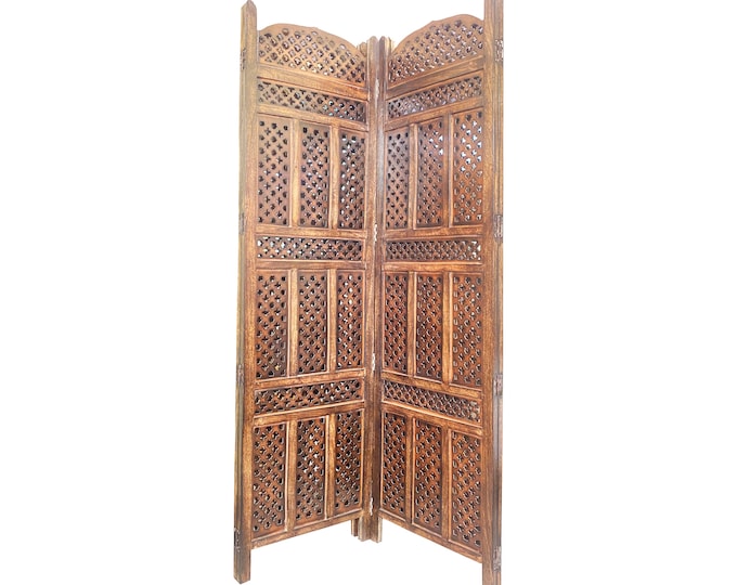 Mid century Mesh Design Round top Wooden Folding Divider, Partition, Handmade Self standing separator