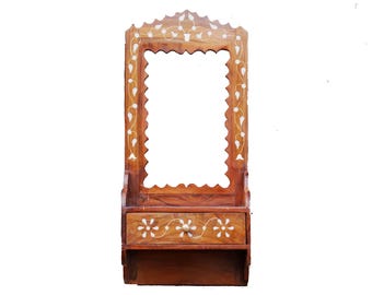 Wood Wall Hanging Mirror with shelf, hand painted Wood wall decor mirror, Mid-century wall fixture