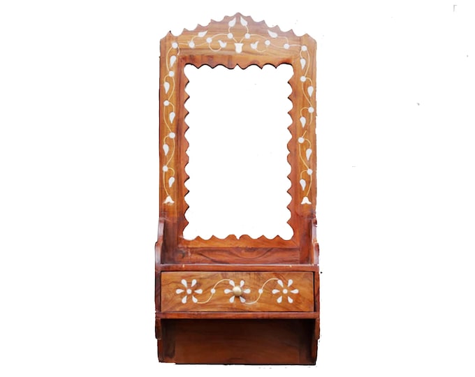 Wood Wall Hanging Mirror with shelf, hand painted Wood wall decor mirror, Mid-century wall fixture