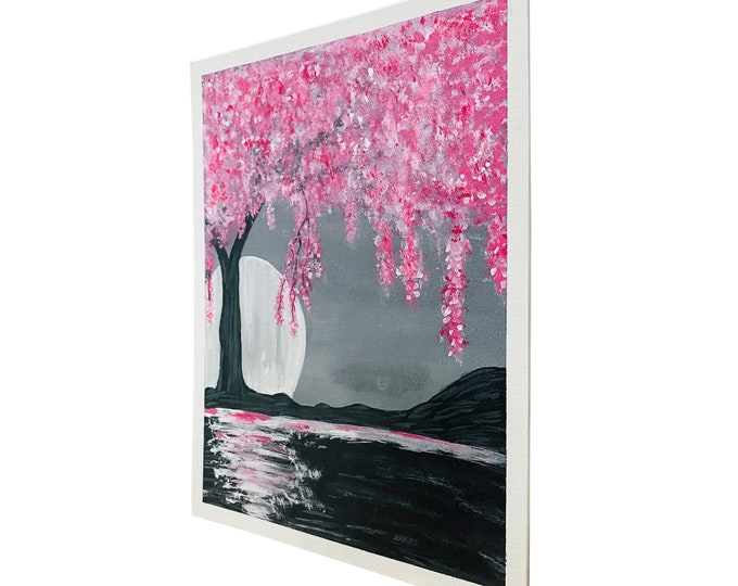 Hand Painted Full Moon With Aglaonema Tree Painting on canvas, Wall décor for home and office