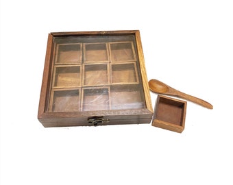 Handmade Table top box, Wooden Spice 9 container set with spoon