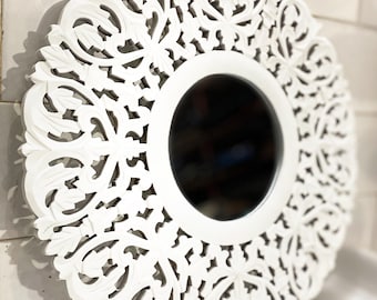 Wooden Carved Mirror Frame Wall hanging Mirror Fixture, handmade white mirror Frame for home