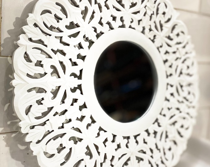 Wooden Carved Mirror Frame Wall hanging Mirror Fixture, handmade white mirror Frame for home