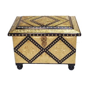 Handmade wooden treasure chest Storage trunk, Hand Carved Wooden Brass Decorative  chest box, medium size beautiful house warming gift,