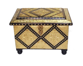 Handmade wooden treasure chest Storage trunk, Hand Carved Wooden Brass Decorative  chest box, medium size beautiful house warming gift,