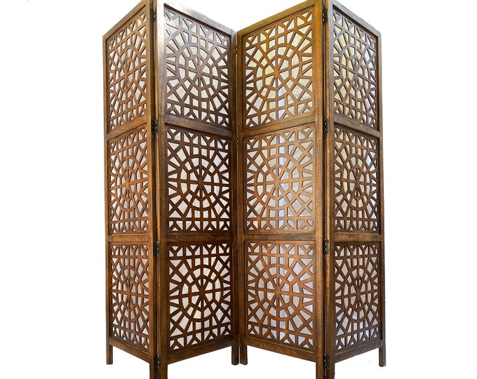 Mid century Round mesh Design Wooden Folding Divider, Partition, Handmade Self standing separator