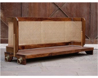 Wooden Hanging Swing, cane back Rest, handmade Wood Brass Ceiling Hanging Fixture, Home Decor, traditional Jhula