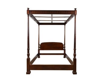Mid century modern Carved Mahogany Four-Poster King/Queen Size Canopy Bed, Handmade Low post High quality Bohemian Bed Frame
