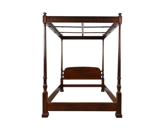Mid century modern Carved Mahogany Four-Poster King/Queen Size Canopy Bed, Handmade Low post High quality Bohemian Bed Frame