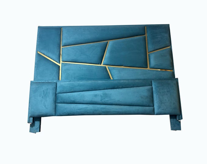 Mid century Blue Tufted Upholstered Headboard US/CA King/ King/Queen size available, Different colors option, Wooden Head & Footboard