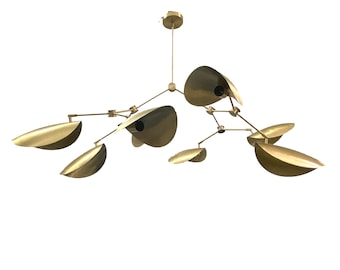 8 Light Brass Curved Disk Chandelier, handmade Brush brass Stingray Ceiling Light Fixture