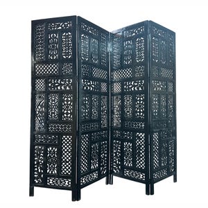Mid Century Black Wood Folding Room Divider: Handmade Carved Partition Screen