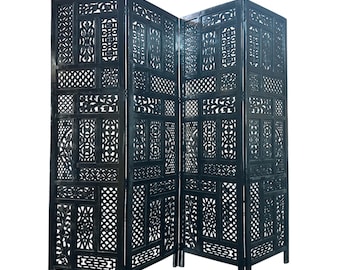 Mid century Glossy black Mix Carving design Wooden Folding Divider, Partition, Handmade Self standing screen up to 7 feet