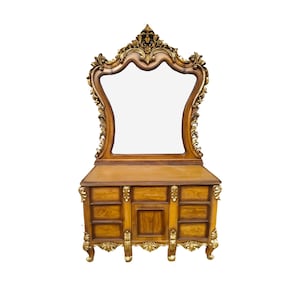 Large Carved Teak Wood Vanity Table with Mirror
