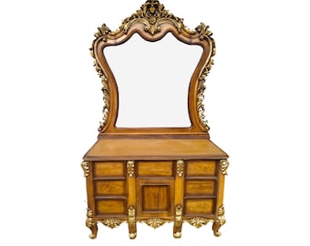 Large Wooden carved Vanity table, Brown and Gold Wooden furniture, Large cabinet with drawer, Large Carving dressing table  mirror
