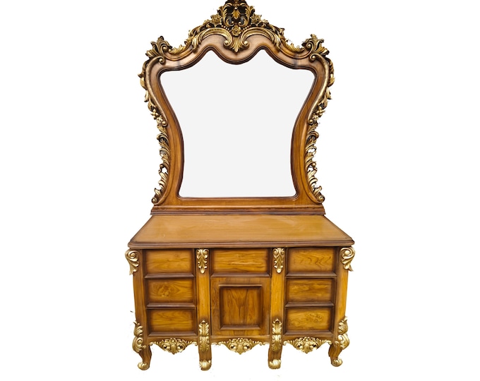 Large Wooden carved Vanity table, Brown and Gold Wooden furniture, Large cabinet with drawer, Large Carving dressing table  mirror