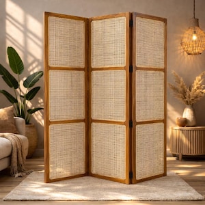 Handmade Mid-Century Rattan Folding Room Divider, 6 Panel Wood Partition Screen