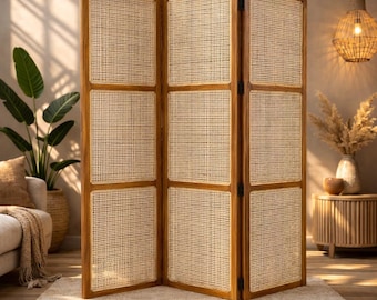 Handmade Mid-Century Rattan Folding Room Divider, 6 Panel Wood Partition Screen