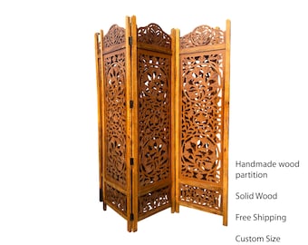 Handmade Lotus Wood Folding Room Divider: Golden teak Finish Partition Screen